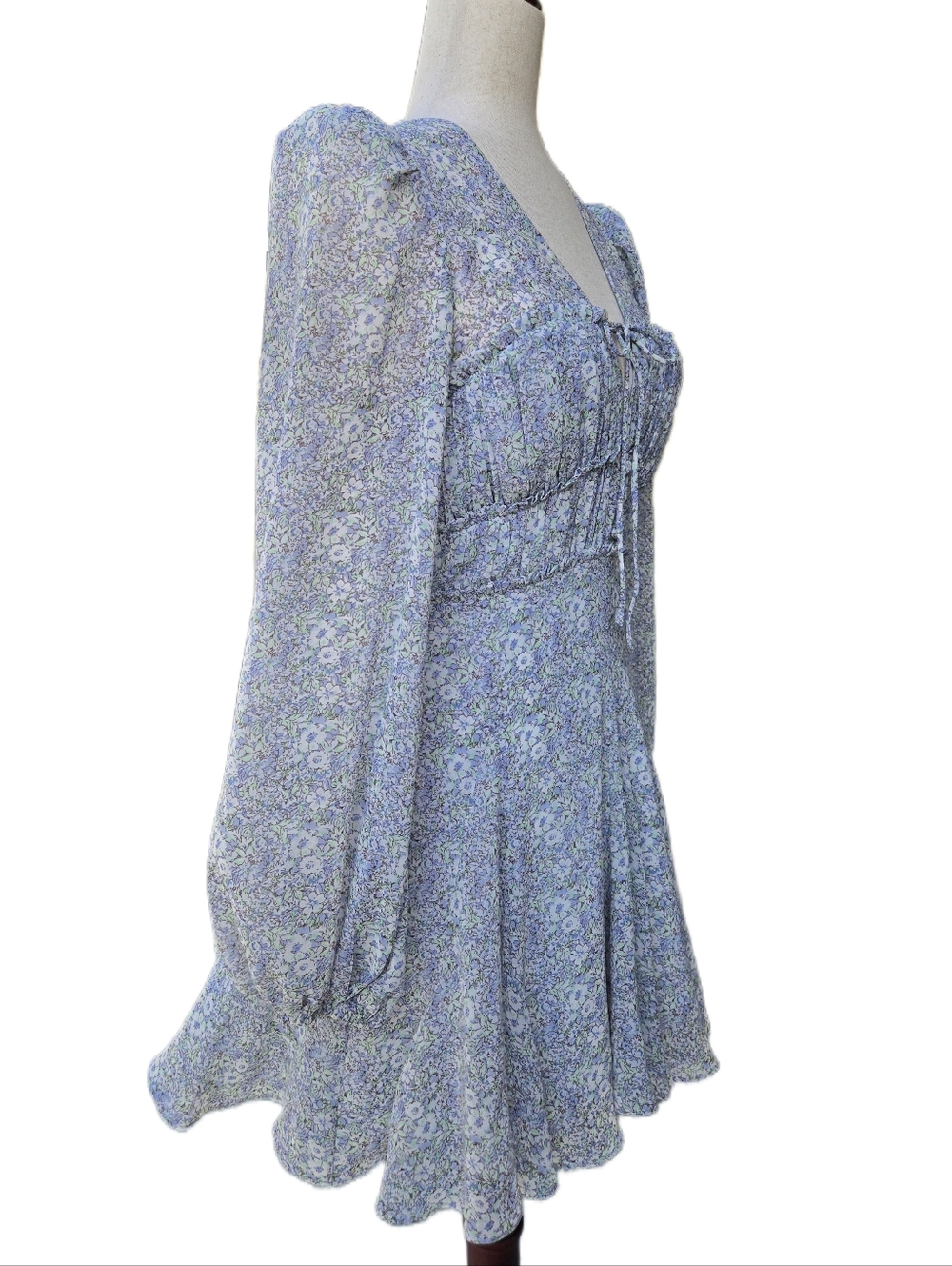 ASTR the Label Floral Mini Dress Light Blue Long Sleeve Cutout Smocked Back S - Picture 5 of 12